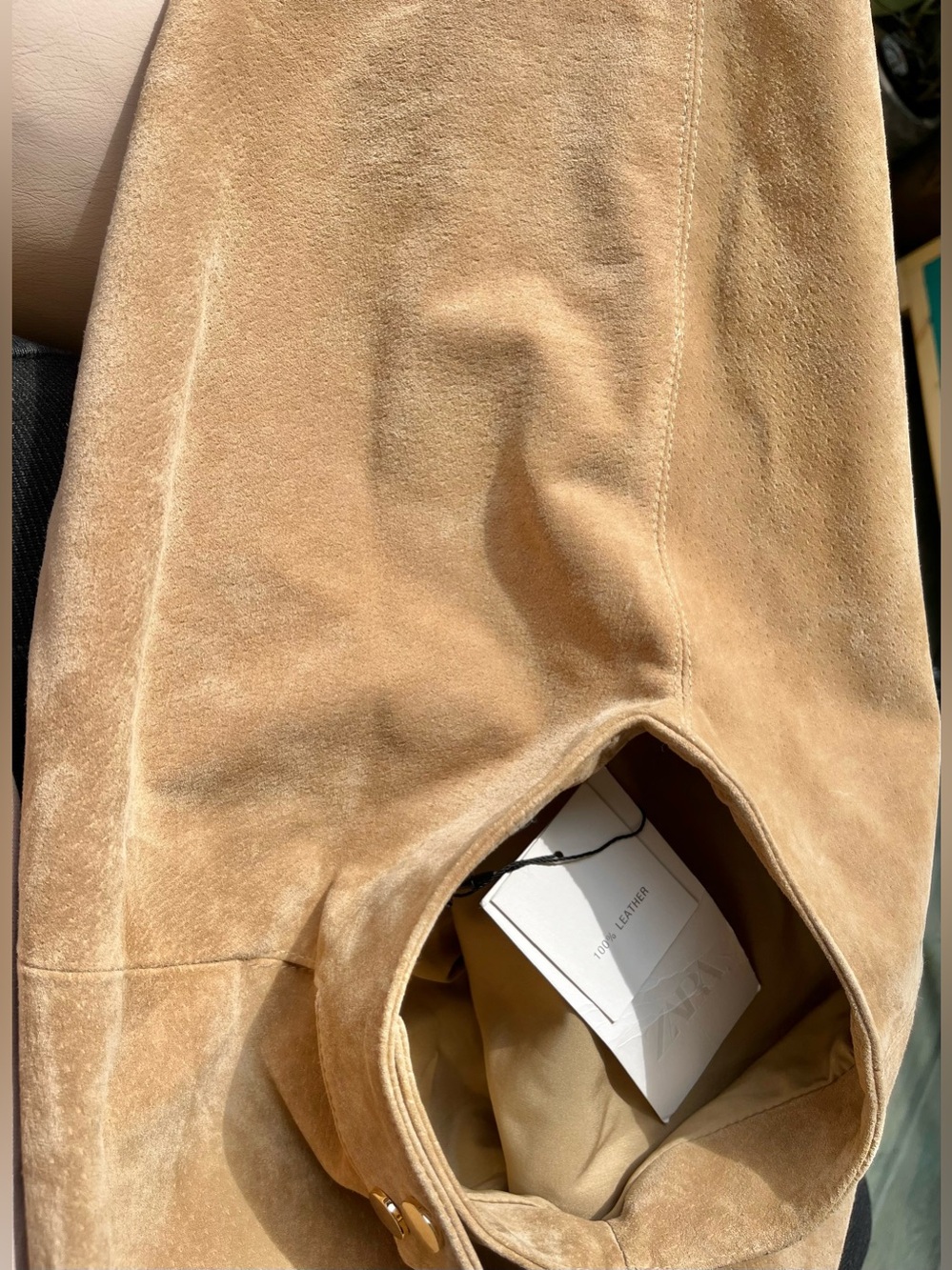 Zara Suede Leather Top High Neck Short Sleeves Snap Button Closure Beige Medium - Picture 16 of 16